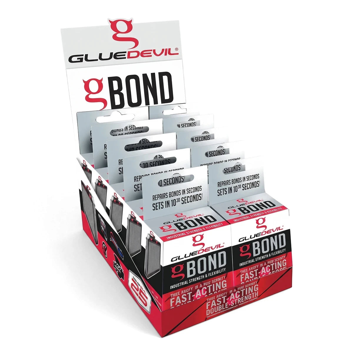 Gbond Kit Display Box (10 Pack) with individual fast-acting superglue packages, featuring red and white branding, angled