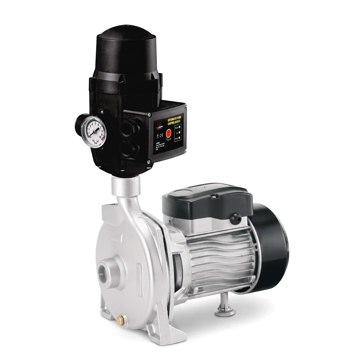 Gcp-180 pump and G-Flow control switch combo in silver and black, viewed from an angled perspective, designed for automatic