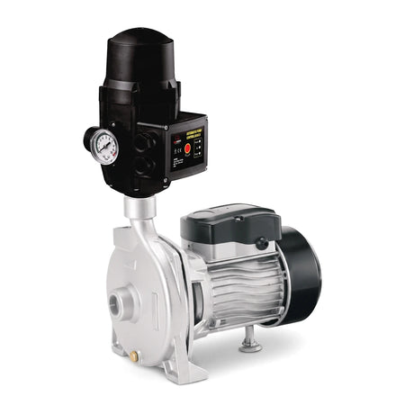 Gcp-180 pump and G-Flow control switch combo in silver and black, viewed from an angled perspective, designed for automatic