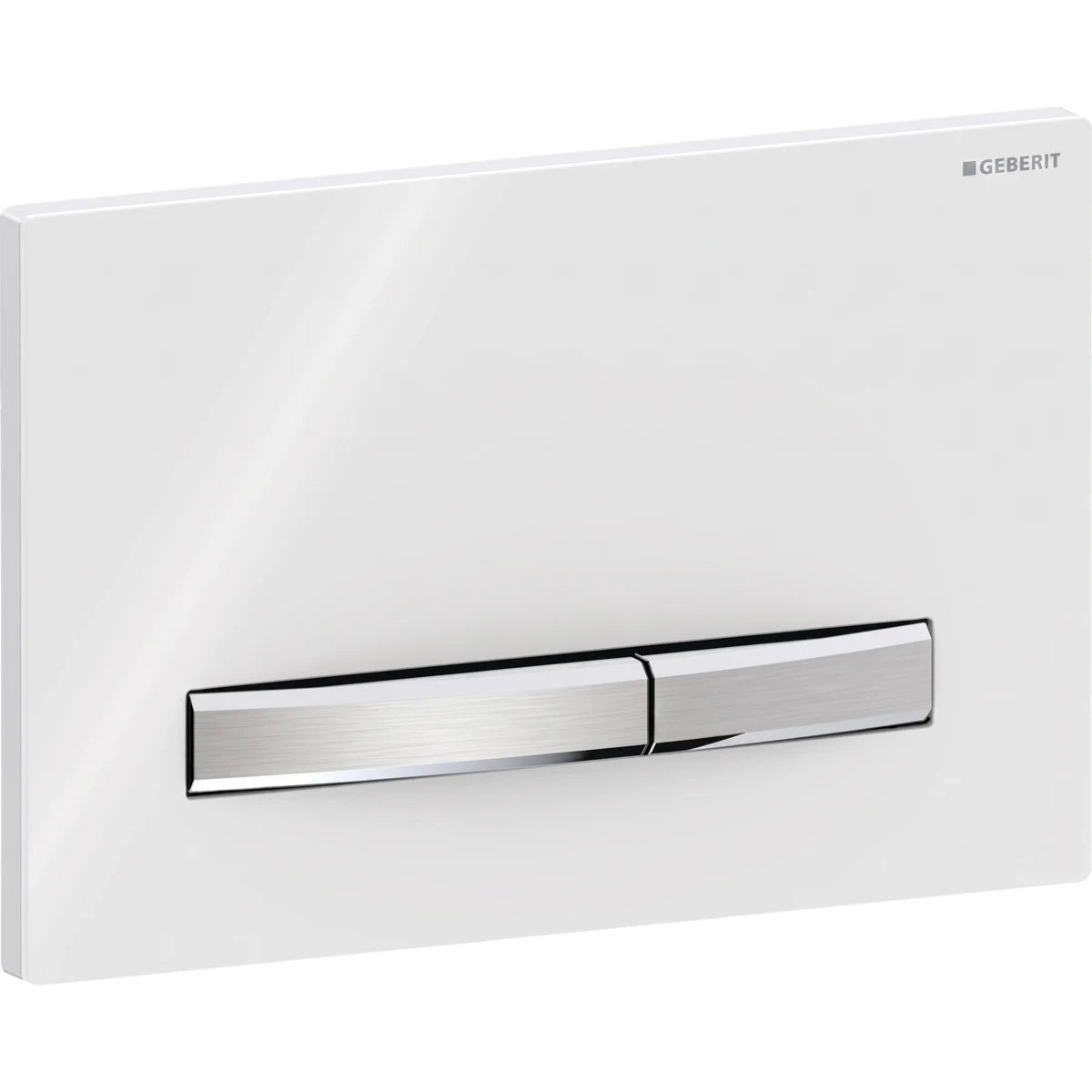 Geberit Sigma50 concealed urinal flush plate in white with two brushed chrome buttons, angled view.