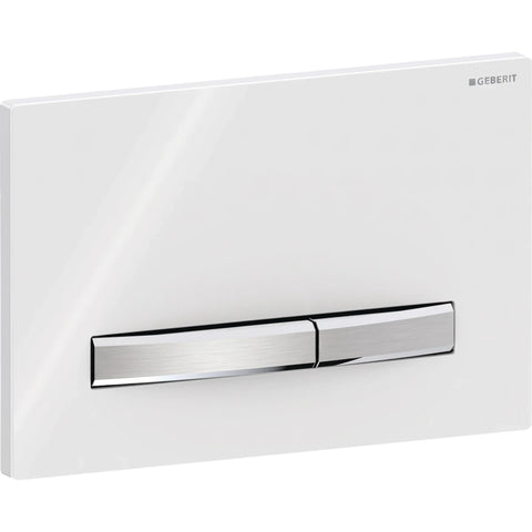 Geberit Sigma50 concealed urinal flush plate in white with two brushed chrome buttons, angled view.