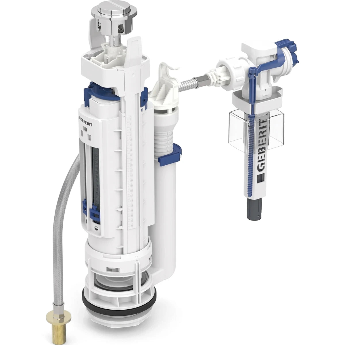 Geberit Type 290-380 Dual Flush 5-in-1 water-saving cistern mechanism in white and blue, with hoses and a chrome flush