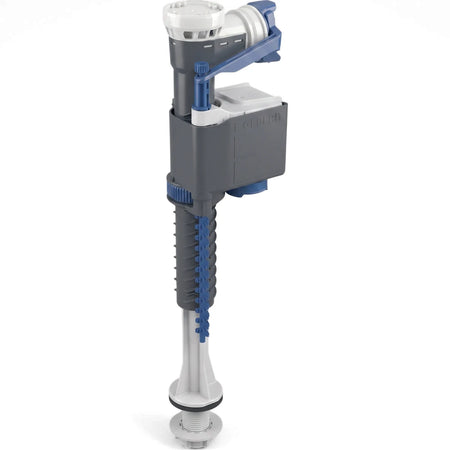 Geberit Type 323 bottom-entry fill valve, a plumbing component in gray, white, and blue plastic, shown upright.