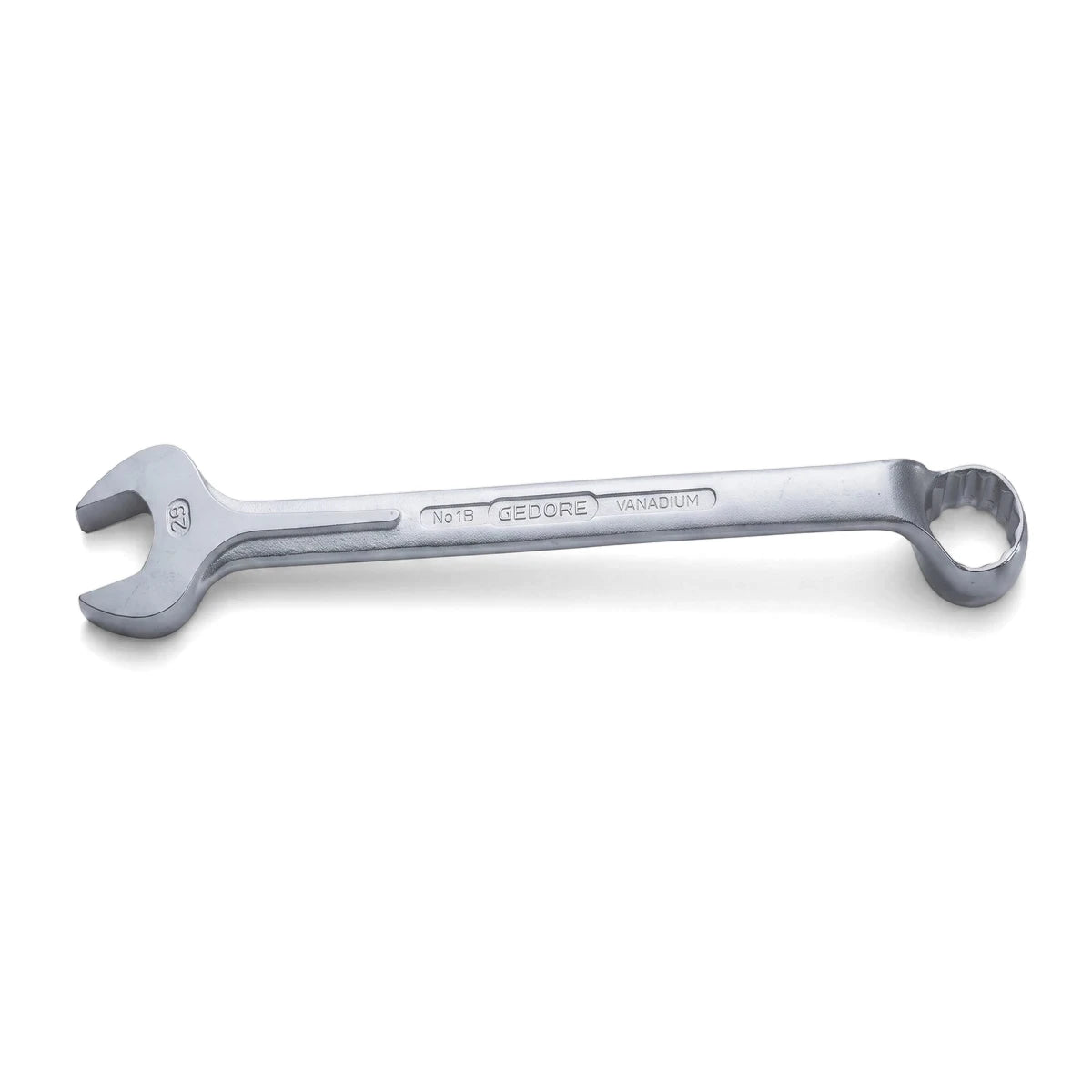 Silver 27mm Gedore combination spanner with open and box end, made from vanadium steel, photographed on a white background.