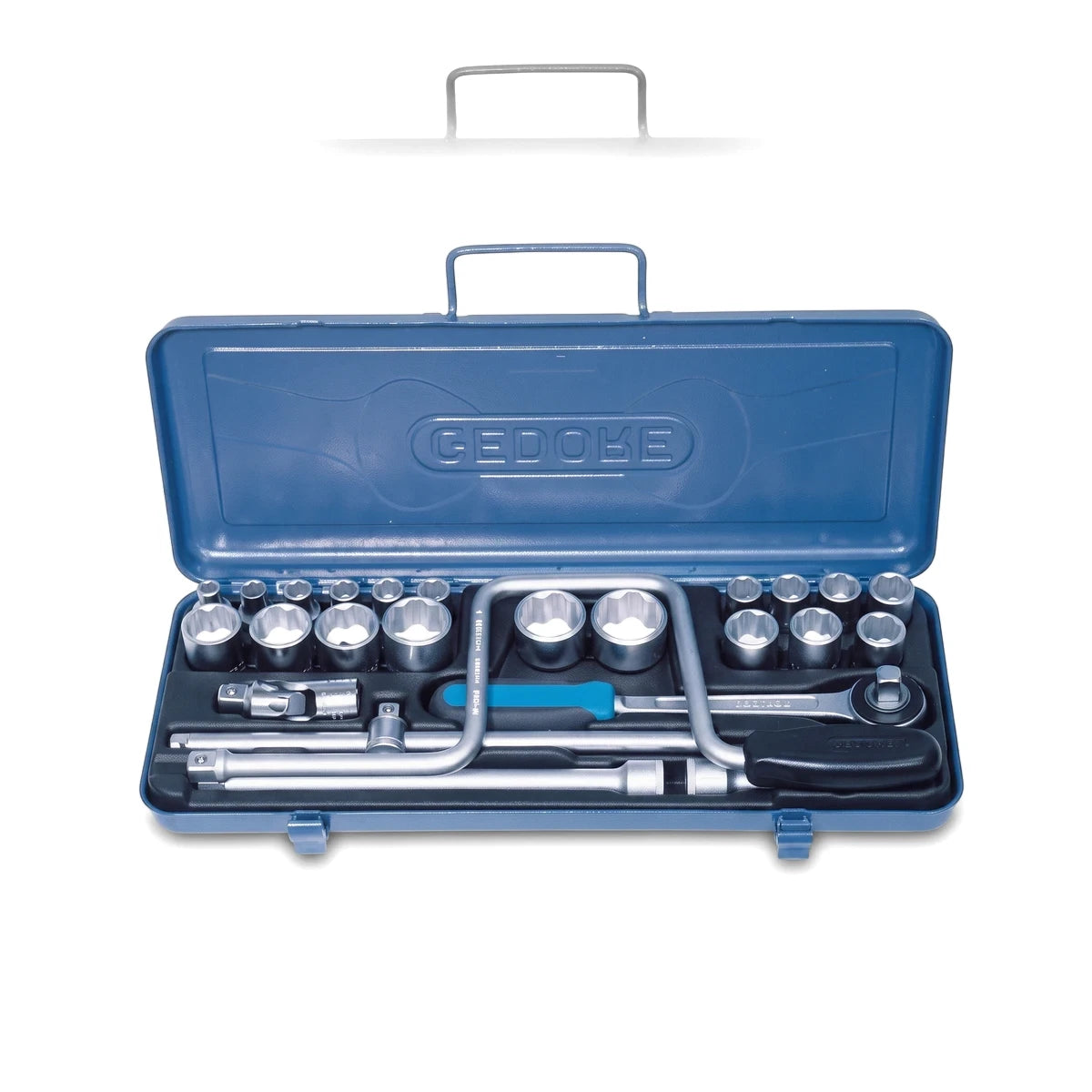Blue Gedore Bi-Hex Socket Set D19 in an open metal case, showcasing various organized silver sockets and tools.