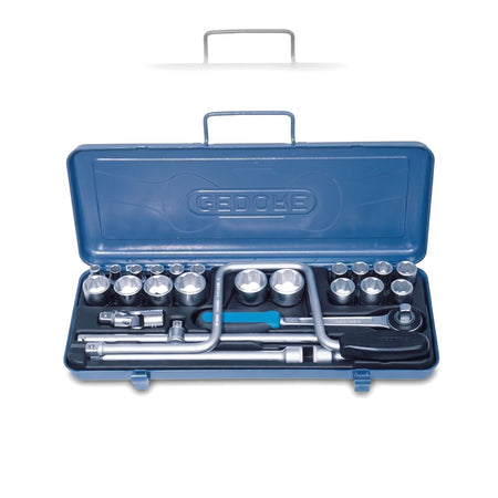 Blue Gedore Bi-Hex Socket Set D19 in an open metal case, showcasing various organized silver sockets and tools.