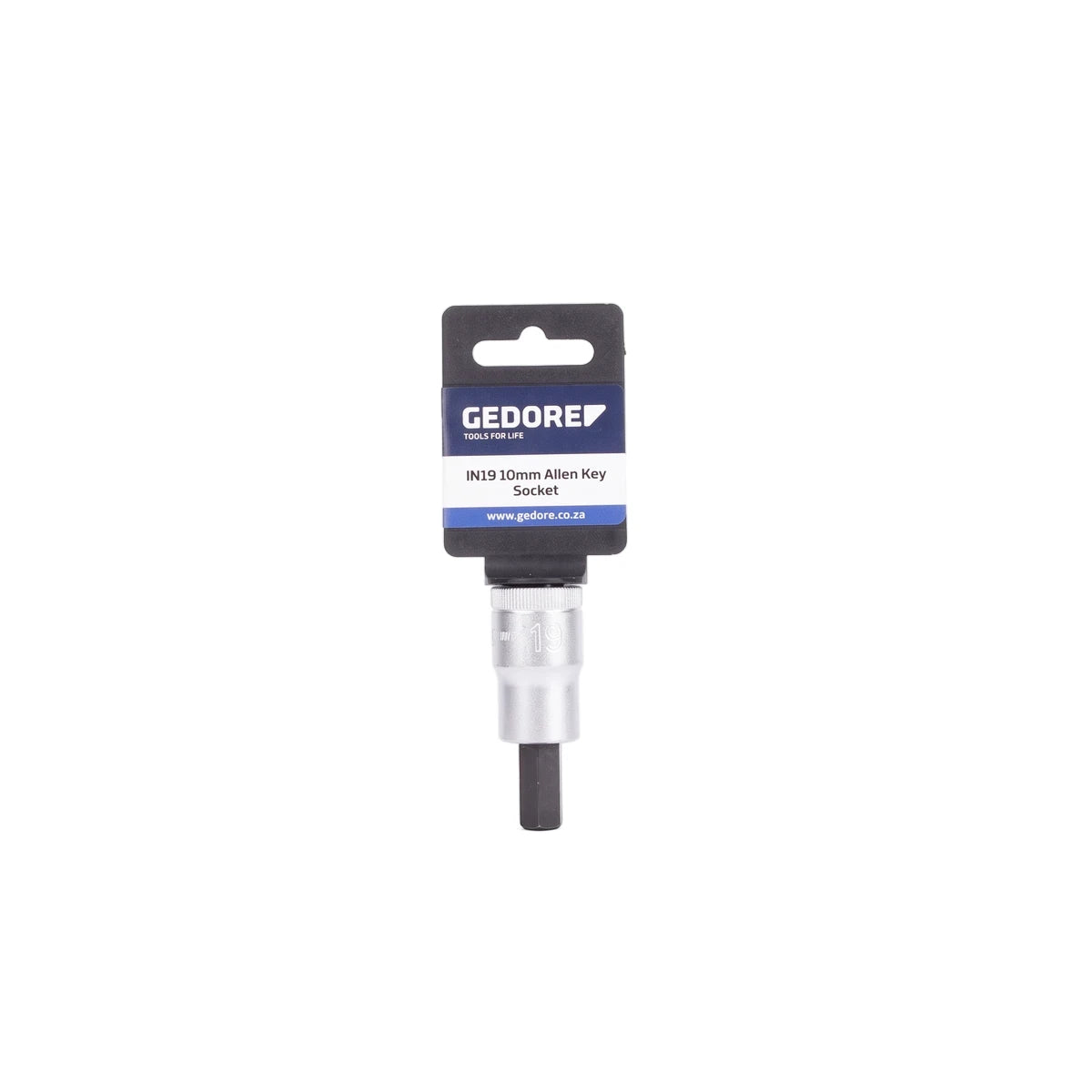 Gedore IN19 10mm Allen Key Socket in black and blue packaging, a silver and black metal tool for automotive or mechanical