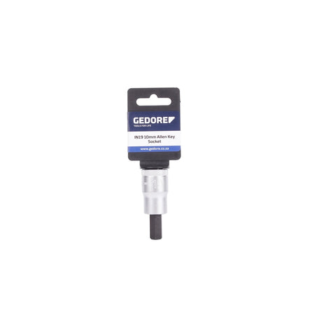 Gedore IN19 10mm Allen Key Socket in black and blue packaging, a silver and black metal tool for automotive or mechanical