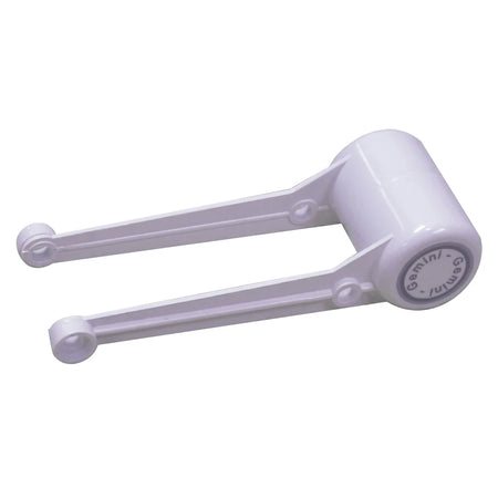 White plastic Gemini Replacement Float Arm shown at an angle, featuring two parallel arms extending from a cylindrical base.