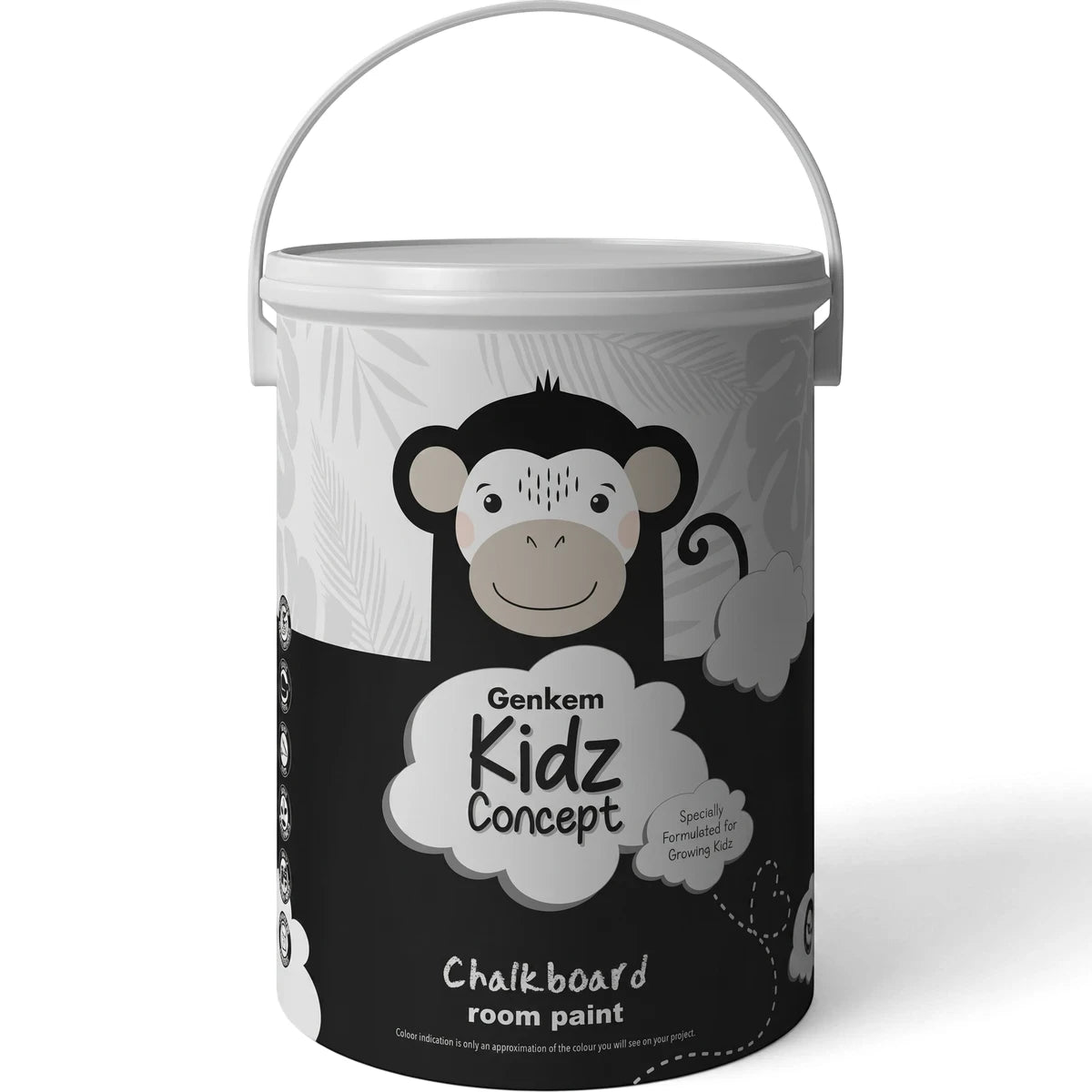 Genkem Kidz Concept black chalkboard room paint in a 5-litre white bucket with a monkey design, front view.