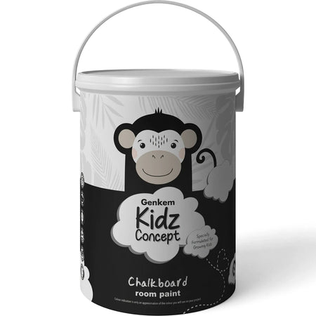 Genkem Kidz Concept black chalkboard room paint in a 5-litre white bucket with a monkey design, front view.