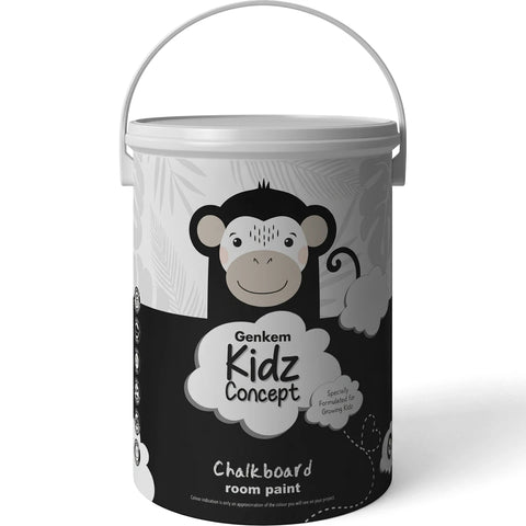 Genkem Kidz Concept black chalkboard room paint in a 5-litre white bucket with a monkey design, front view.