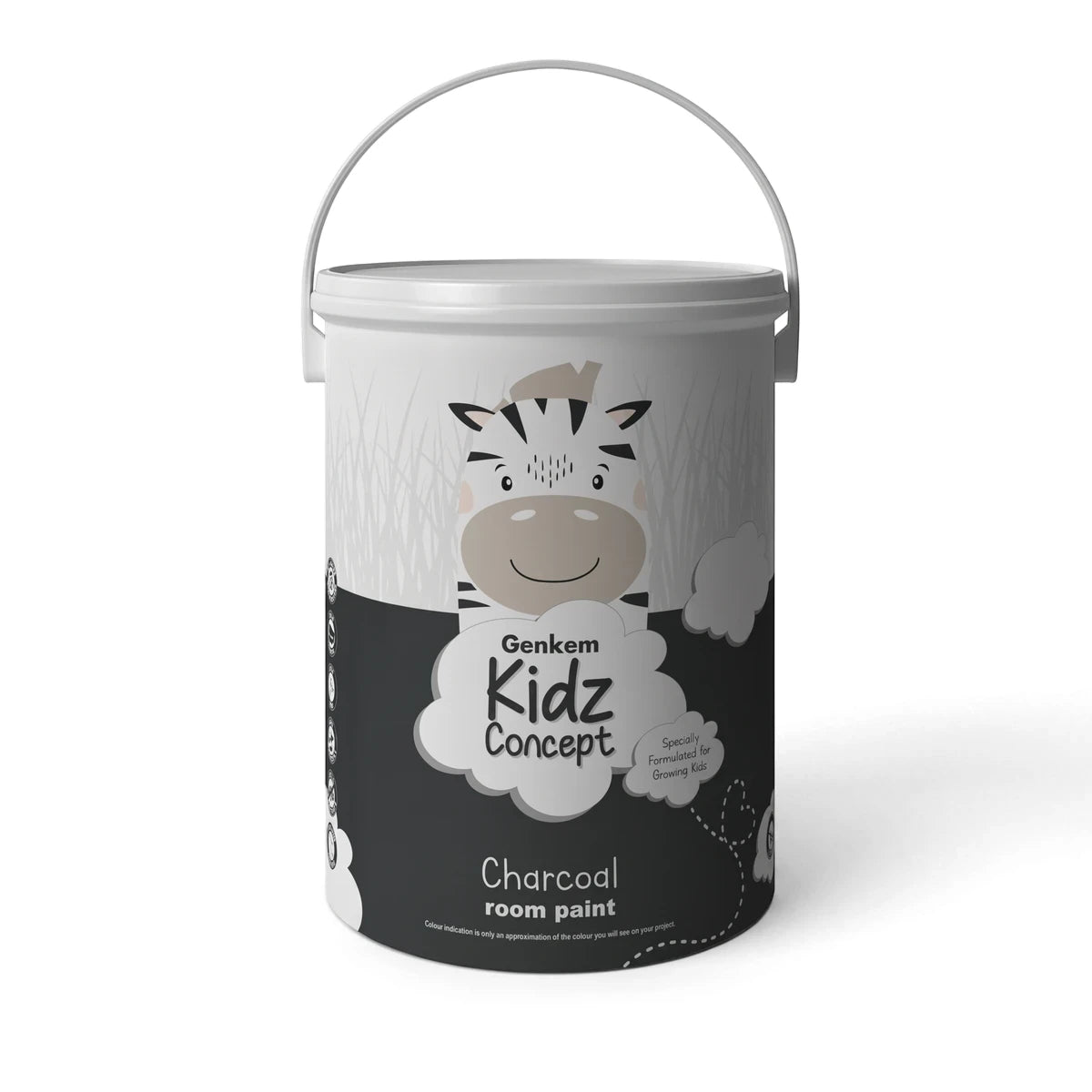 Genkem Kidz Concept Charcoal room paint in a white bucket with a cartoon zebra graphic, shown from an eye-level view.