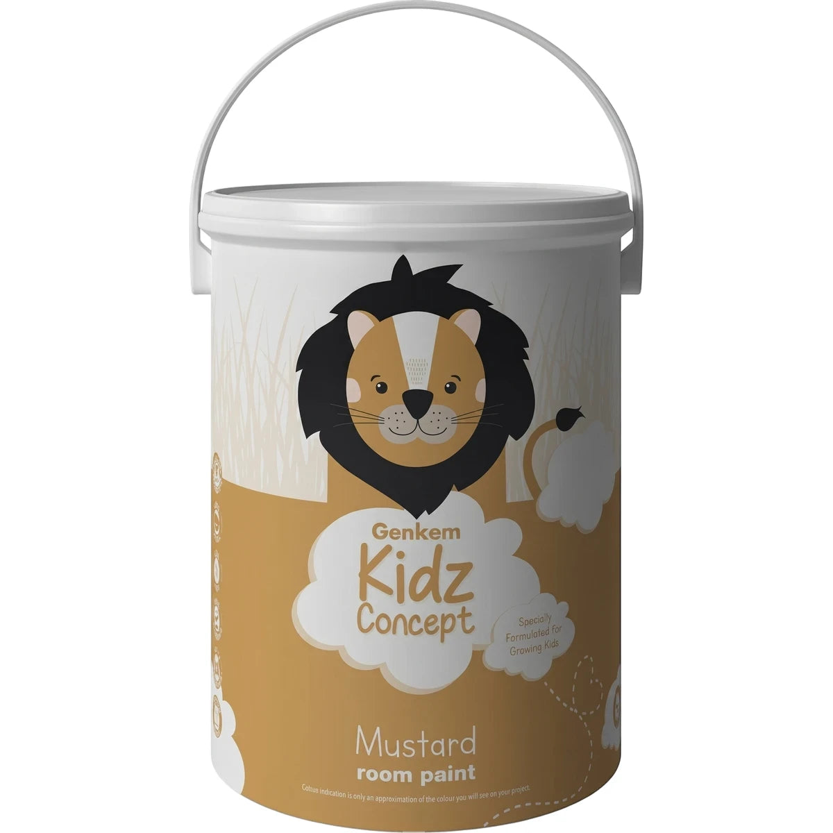 Genkem Kidz Concept 5 Litre Mustard room paint bucket with a cartoon lion label design.