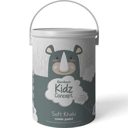 Genkem Kidz Concept Soft Khaki interior room paint 5 litre bucket with a cute rhinoceros illustration on the label.