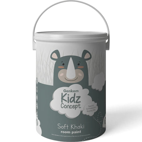Genkem Kidz Concept Soft Khaki interior room paint 5 litre bucket with a cute rhinoceros illustration on the label.