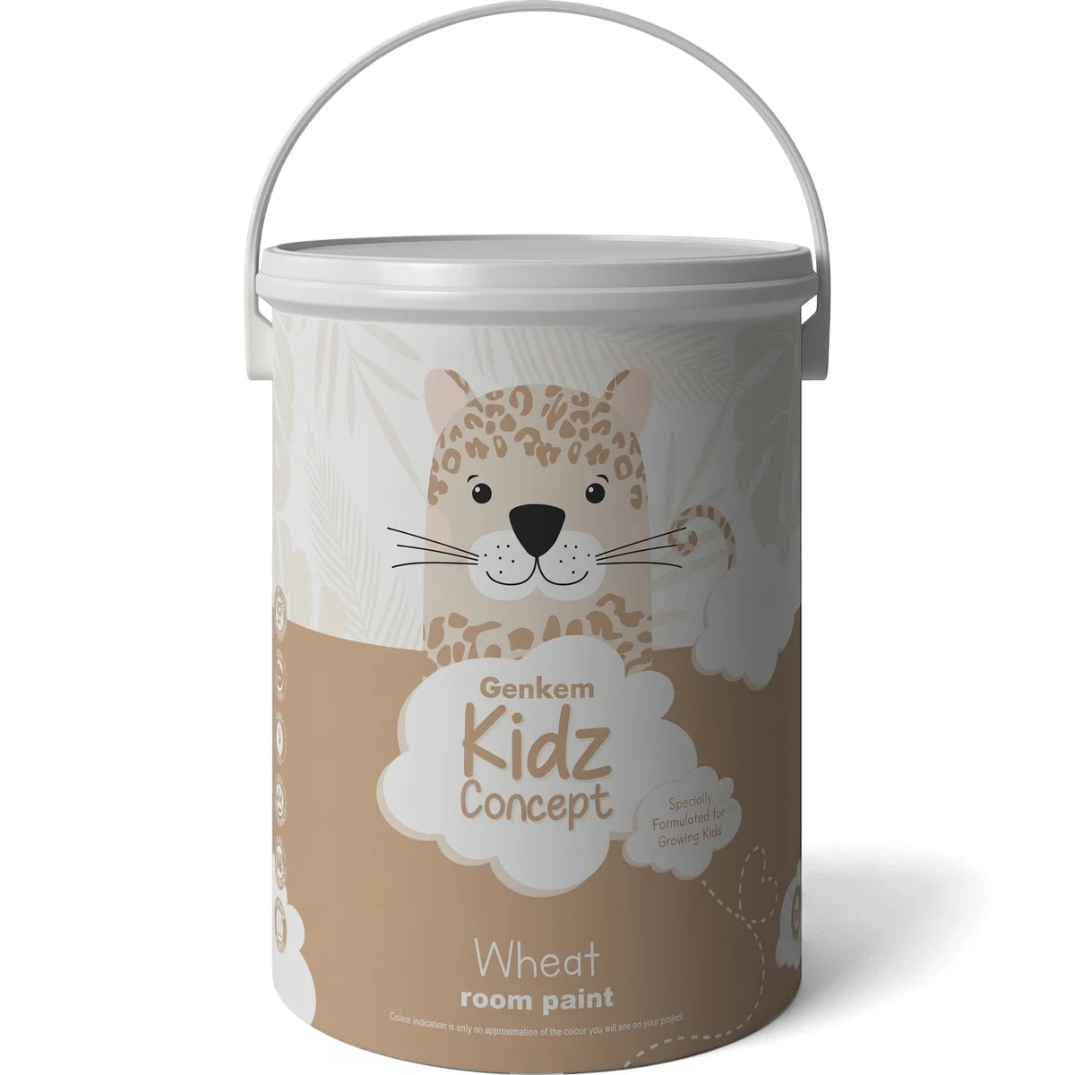 Genkem Kidz Concept Wheat room paint 5 litre bucket with a whimsical leopard illustration on the label.
