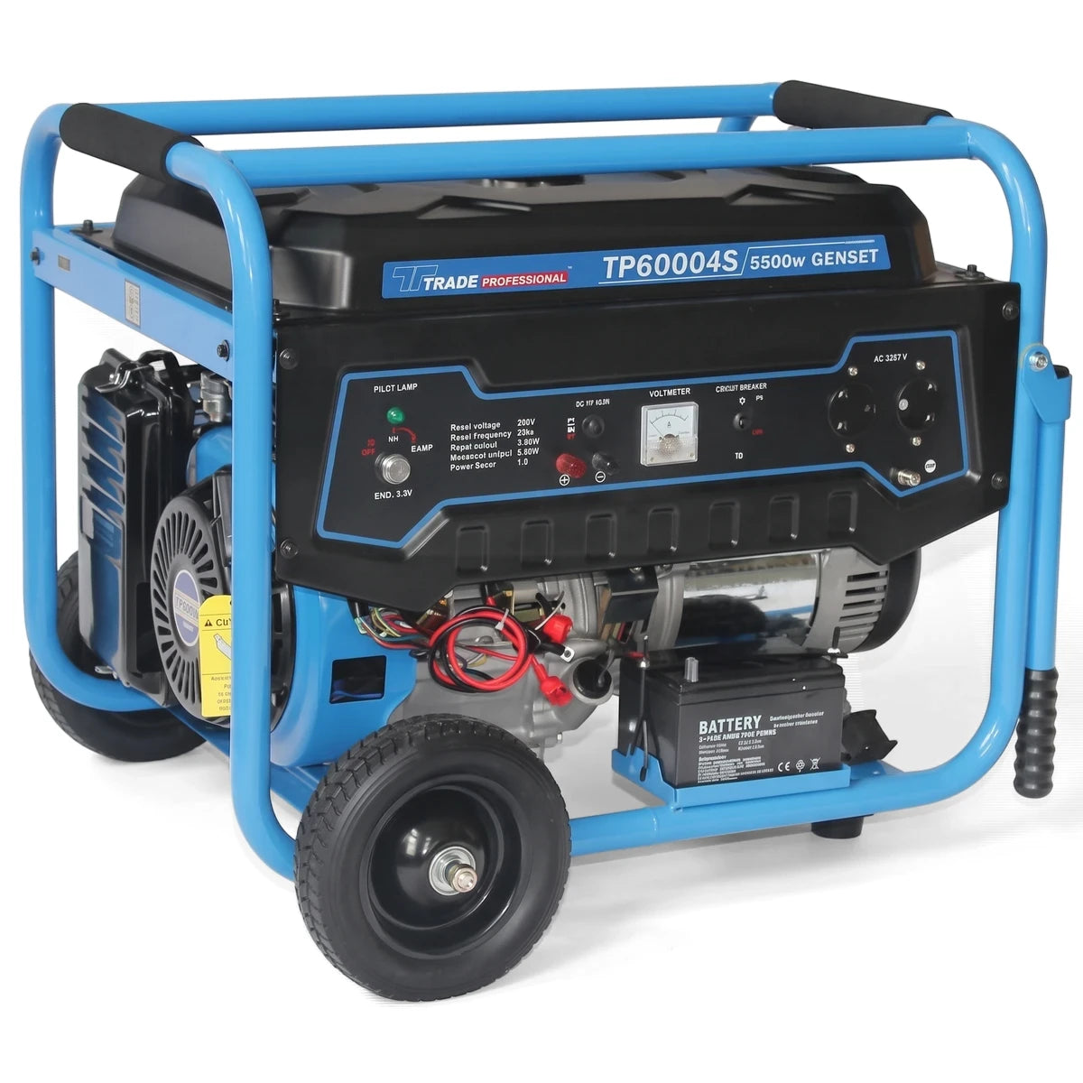 Portable Genset Generator with a blue frame, black body, and 5500w power, shown from an angled view.
