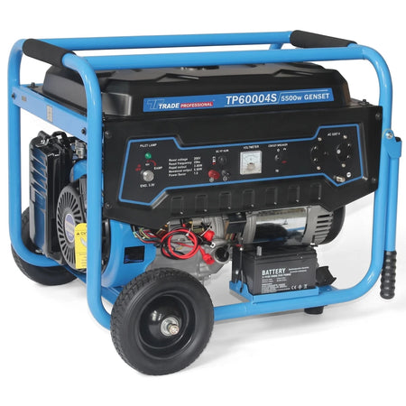 Portable Genset Generator with a blue frame, black body, and 5500w power, shown from an angled view.