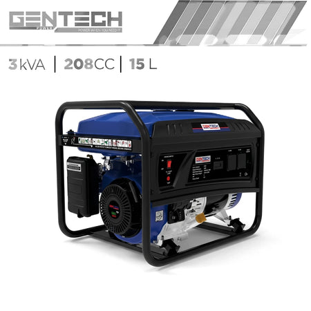 GENTECH 3kVA 208CC 15L Power Recoil Start Petrol Generator in blue and black, viewed from an angle.