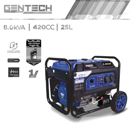 Blue and black GENTECH X SHINERAY 8.0kVA petrol start electrical generator with robust frame, wheels, and a control panel.