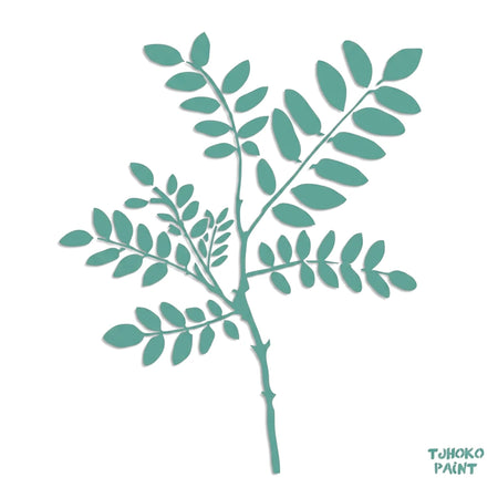 Teal stylized plant branch with numerous leaves, resembling a nature-inspired paint stencil, on a patterned white background.