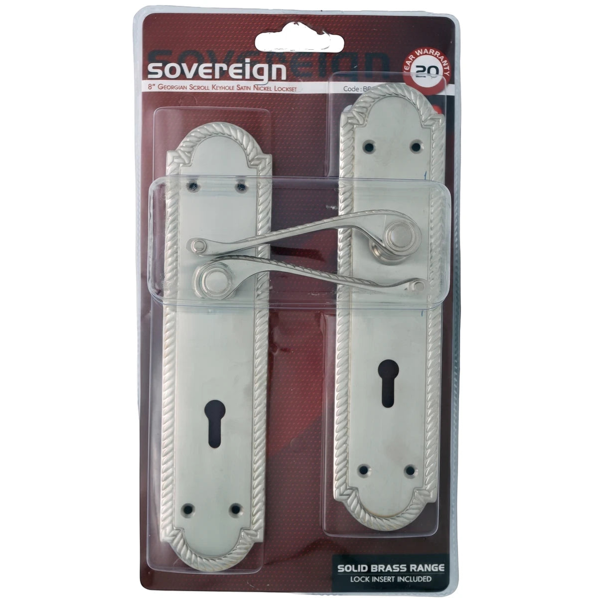8-inch Georgian Keyhole Nickel Lockset with satin nickel finish, presented in clear retail packaging.