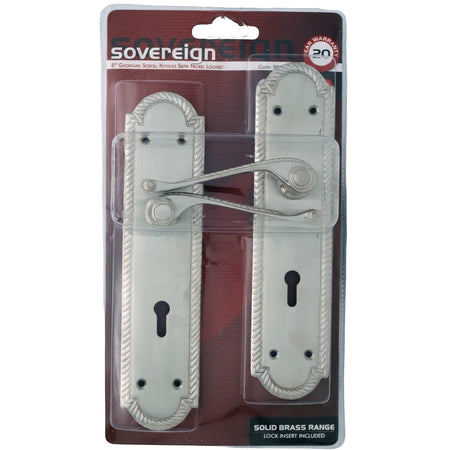 8-inch Georgian Keyhole Nickel Lockset with satin nickel finish, presented in clear retail packaging.