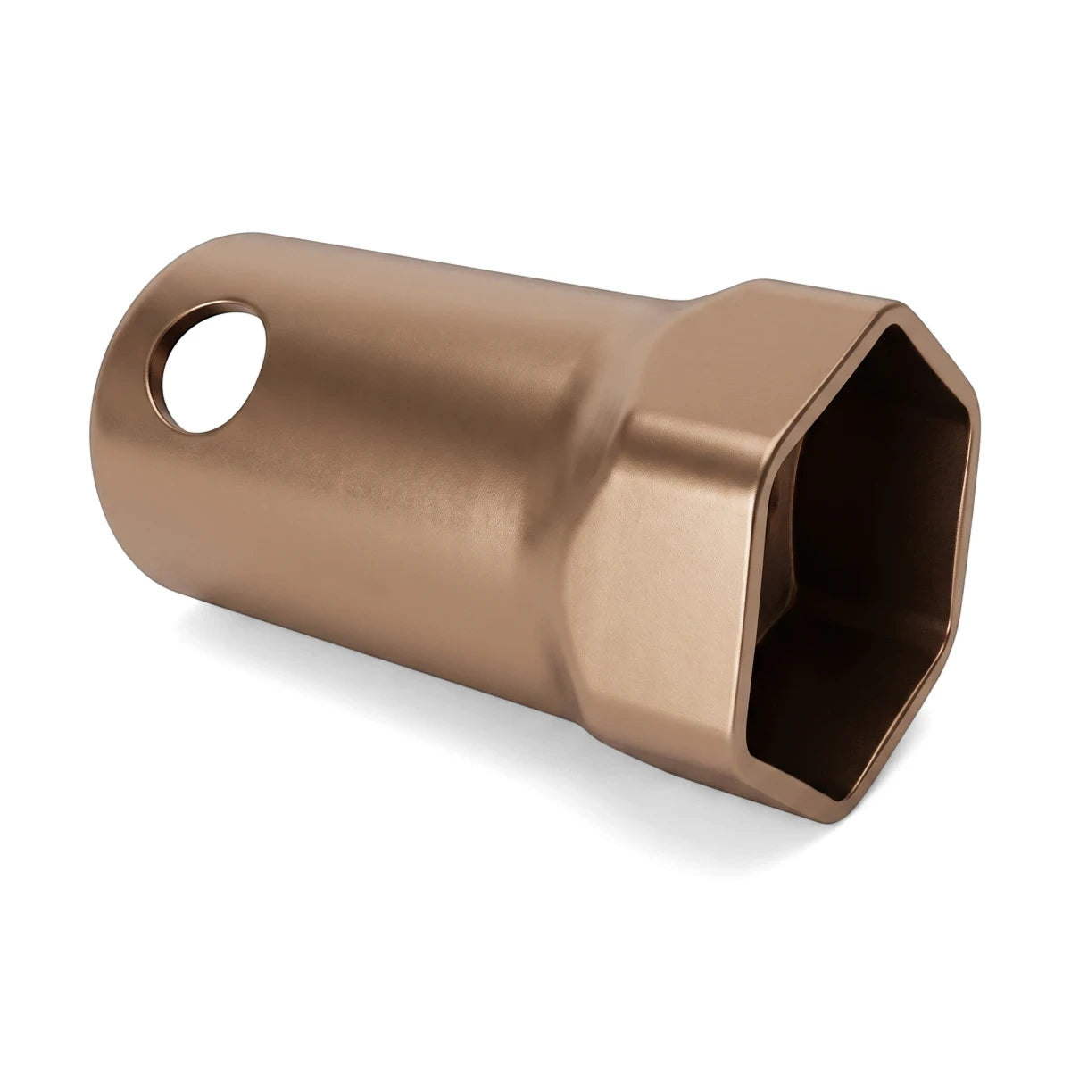 Bronze metallic Geyser Spanner with a hexagonal opening and a circular hanging hole, viewed from the side.