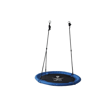 Blue and black Giant UFO tree swing, 100cm diameter, suspended with ropes and rings.