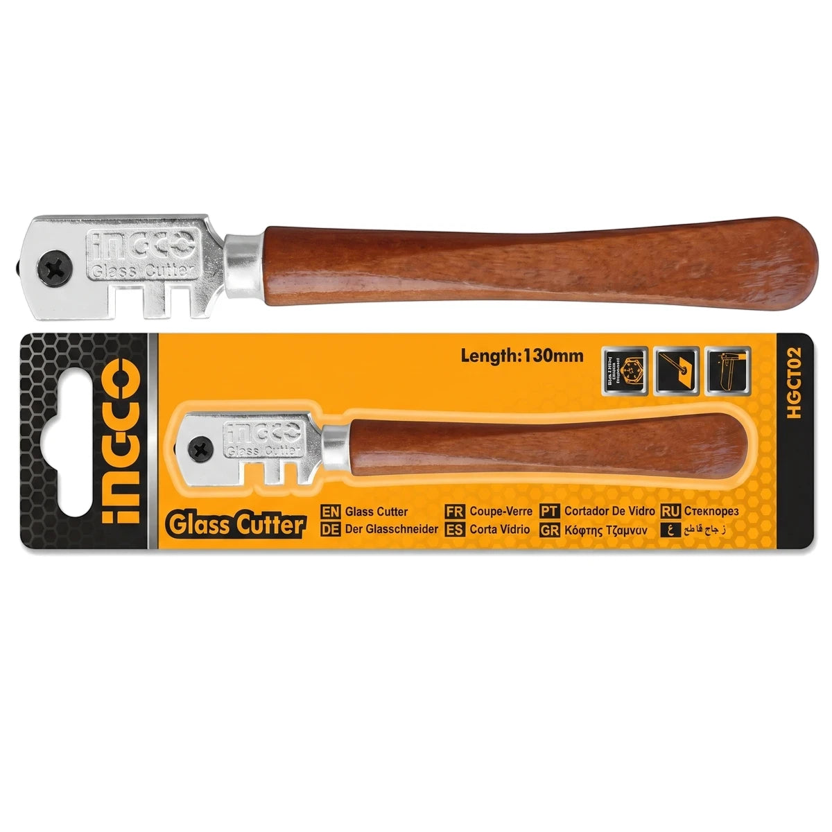 Glass cutter with a silver metal head, brown wooden handle, and its orange and black retail packaging, 130mm length.