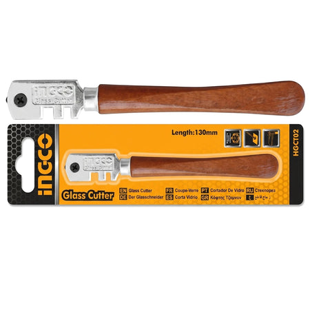 Glass cutter with a silver metal head, brown wooden handle, and its orange and black retail packaging, 130mm length.