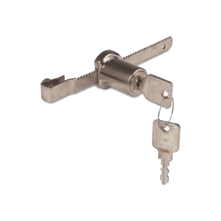 Silver-toned metal glass sliding door or showcase lock, 140mm, shown with two keys inserted in a clear, accessible view.