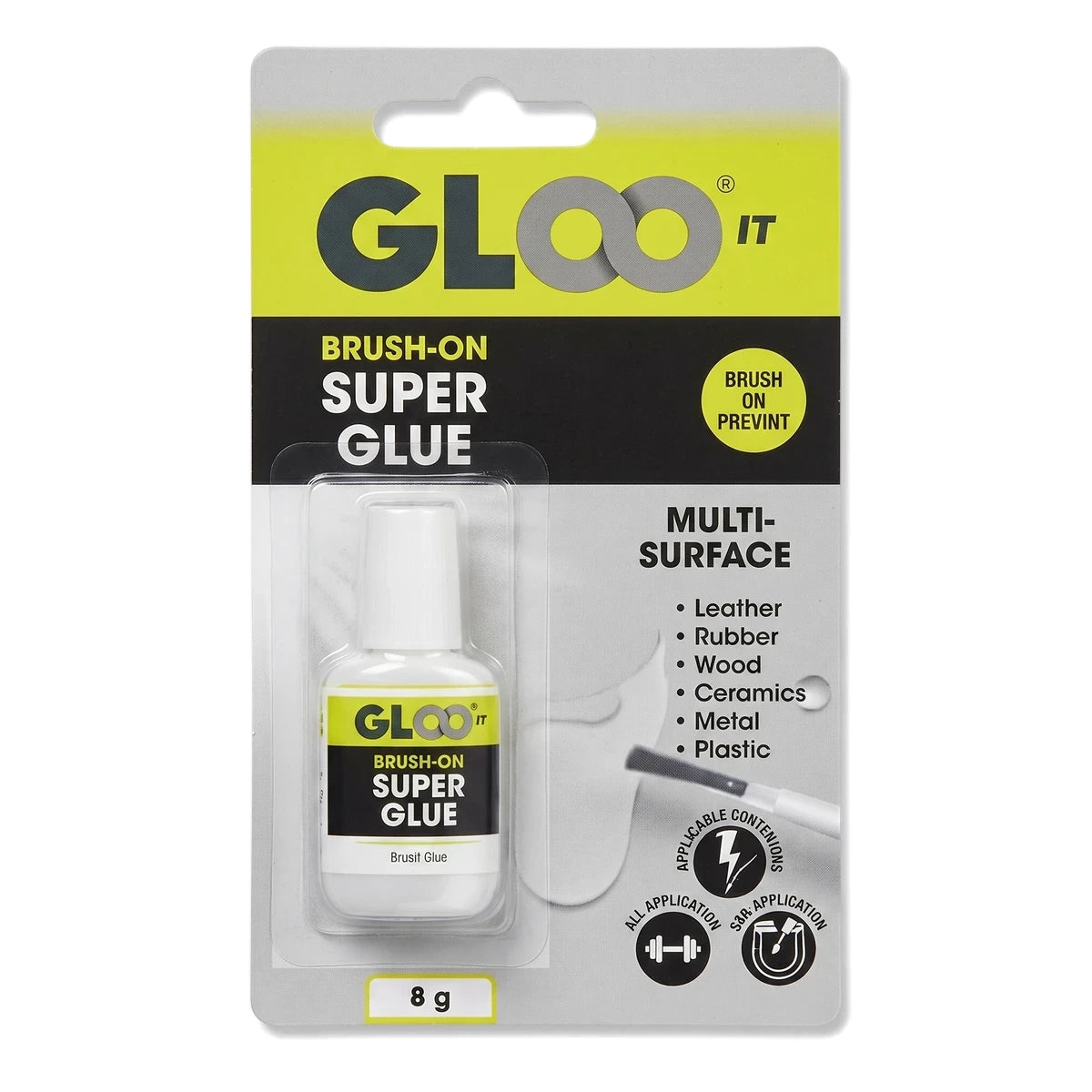 GLOO Brush-On Super Glue 8g blister pack, featuring a white bottle with a brush applicator and yellow and gray packaging,