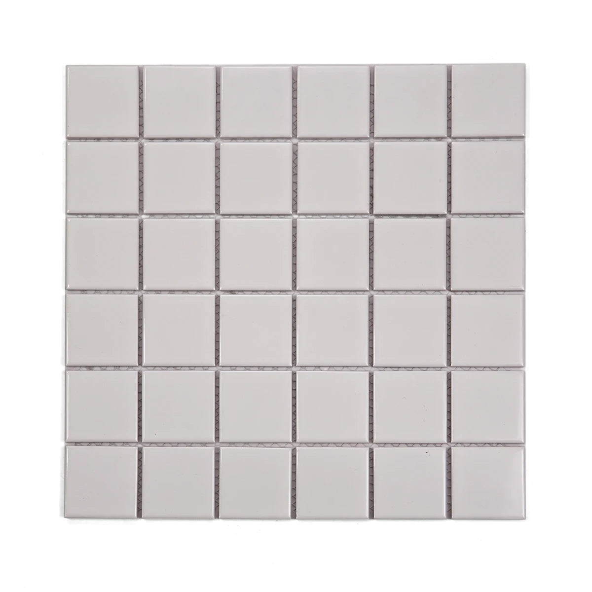 Gloss white mosaic tile sheet featuring 48x48mm square tiles with glossy finish for kitchen backsplash or bathroom walls.