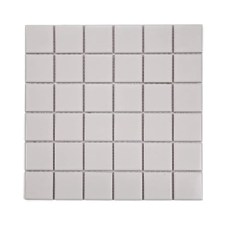 Gloss white mosaic tile sheet featuring 48x48mm square tiles with glossy finish for kitchen backsplash or bathroom walls.