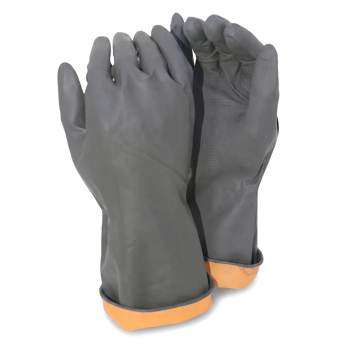 Pair of dark gray protective work gloves with orange cuffs, featuring a textured grip on the palm.
