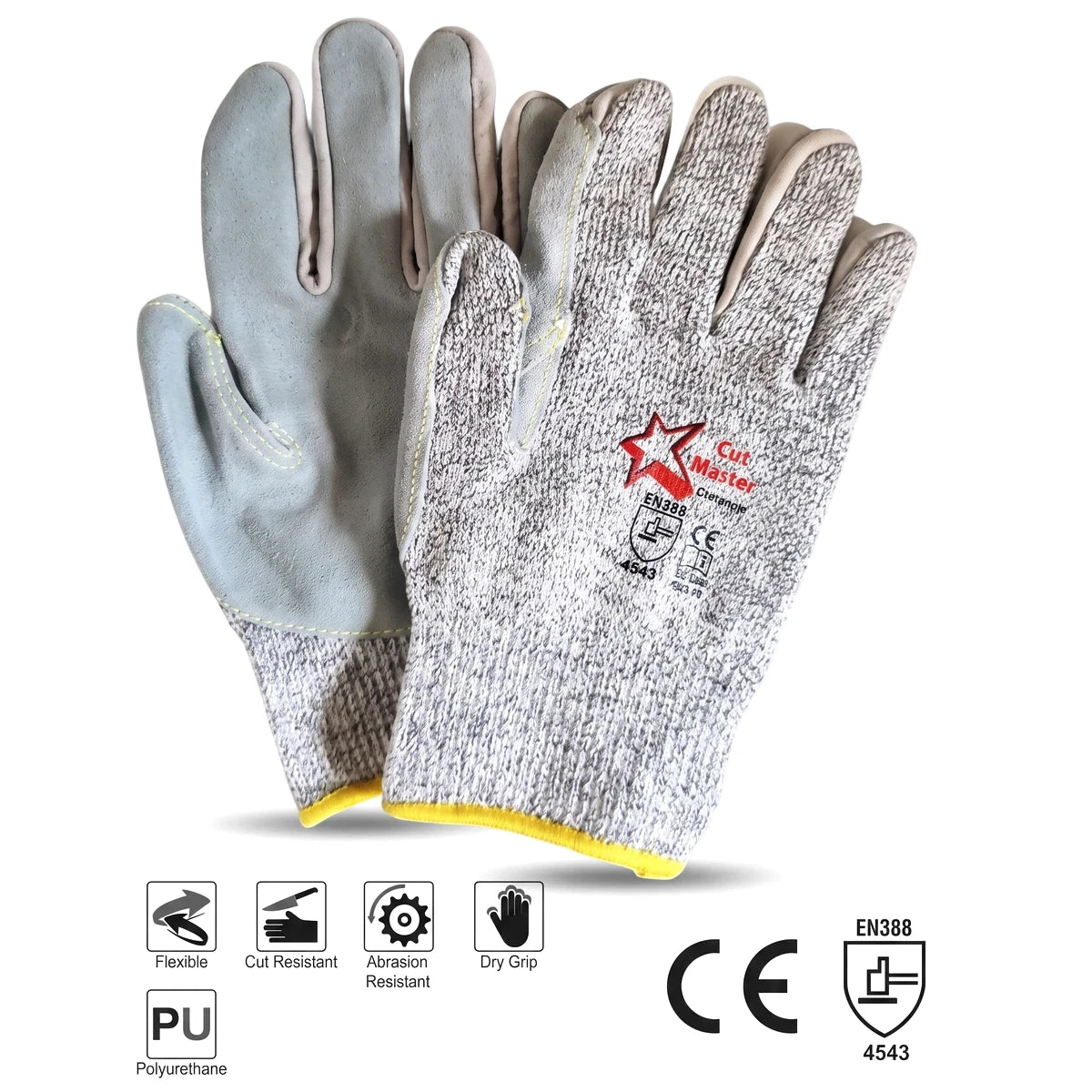 Pair of gray and light gray Cut Master Puralite cut-resistant work gloves with yellow trim and certification labels.