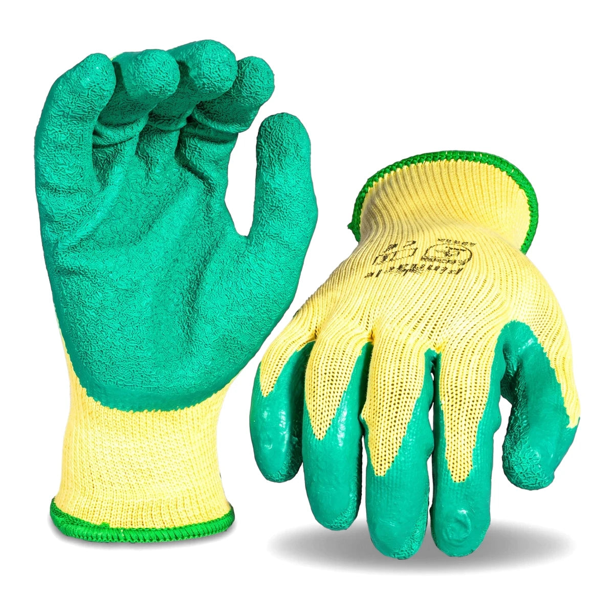 Glove Green Crinkle Palm Progrip Gloves, pair shown with green textured palms and yellow knit backs