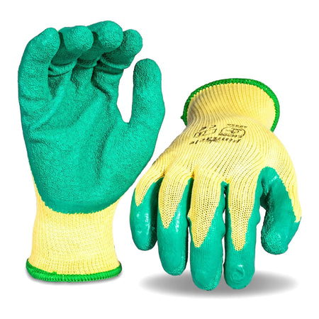 Glove Green Crinkle Palm Progrip Gloves, pair shown with green textured palms and yellow knit backs
