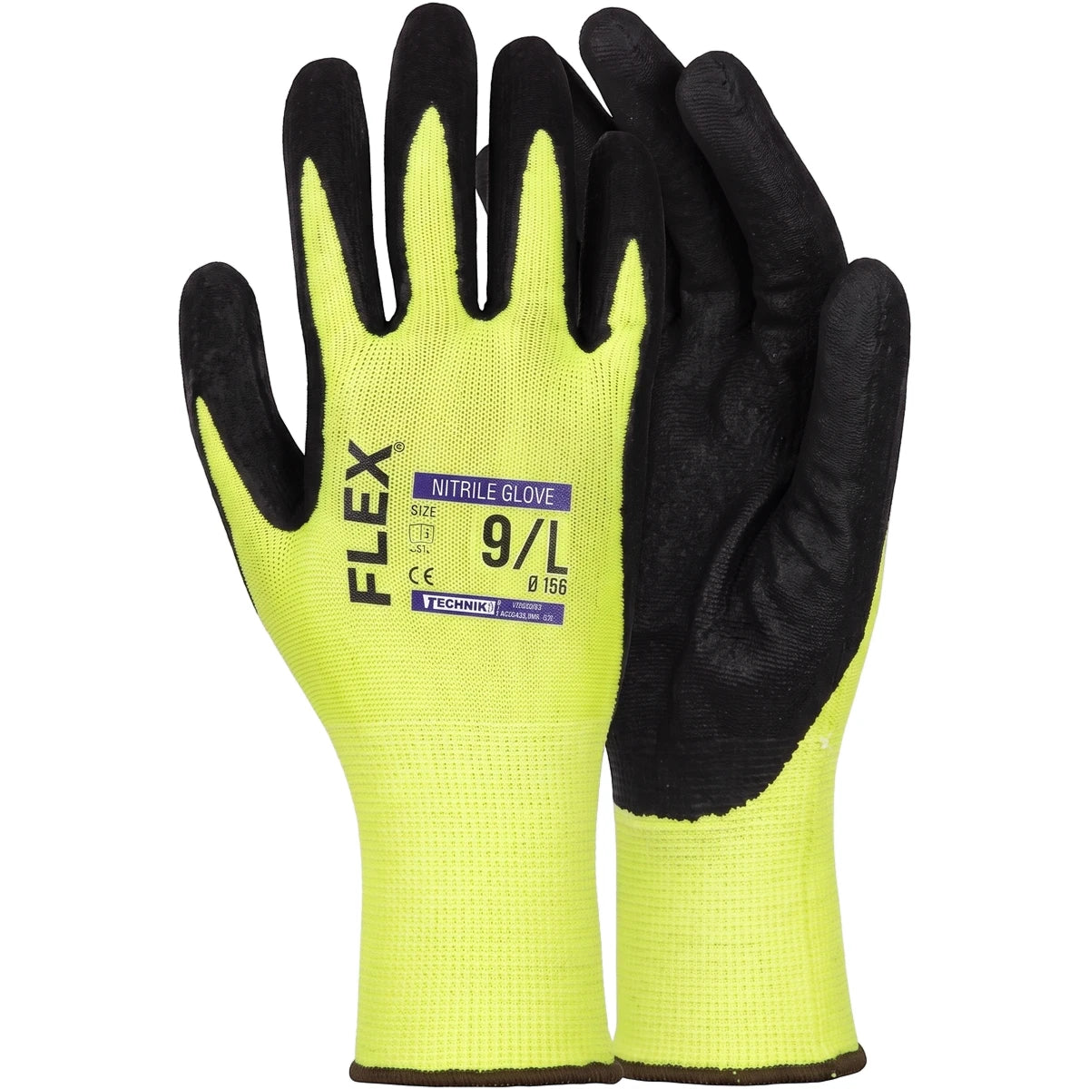Glove Sandy Palm Lime Nitrile Gloves, lime green work gloves with black sandy nitrile palm and fingers, front view.