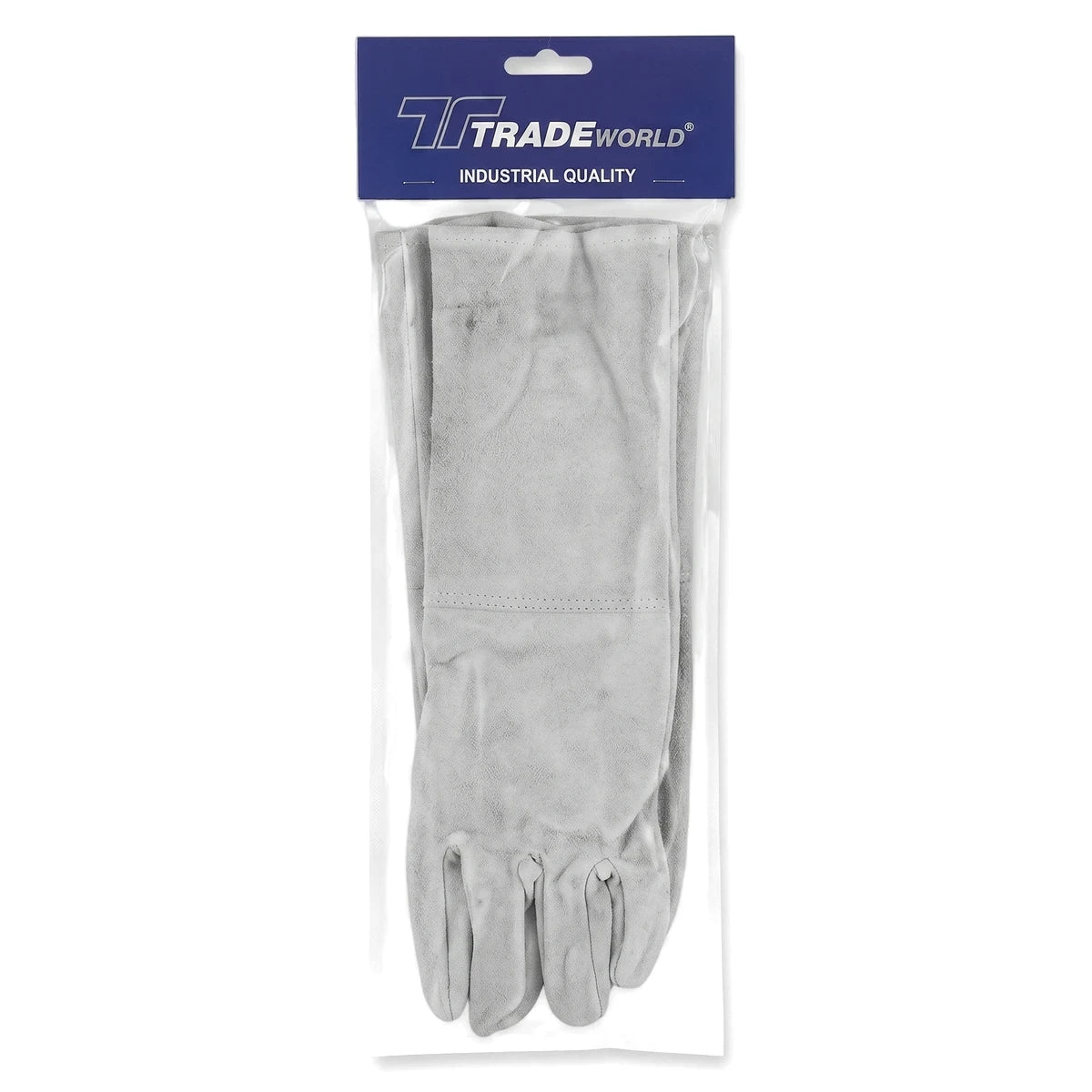 Packaged light gray chrome leather work gloves, 200mm size, with a blue and white 'Trusty' brand header.