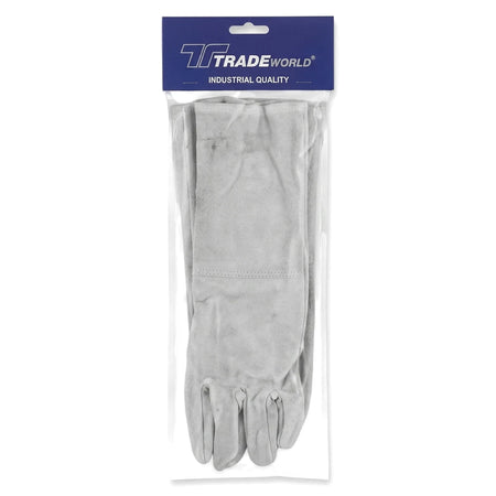 Packaged light gray chrome leather work gloves, 200mm size, with a blue and white 'Trusty' brand header.