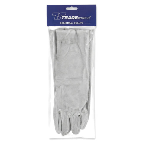 Packaged light gray chrome leather work gloves, 200mm size, with a blue and white 'Trusty' brand header.