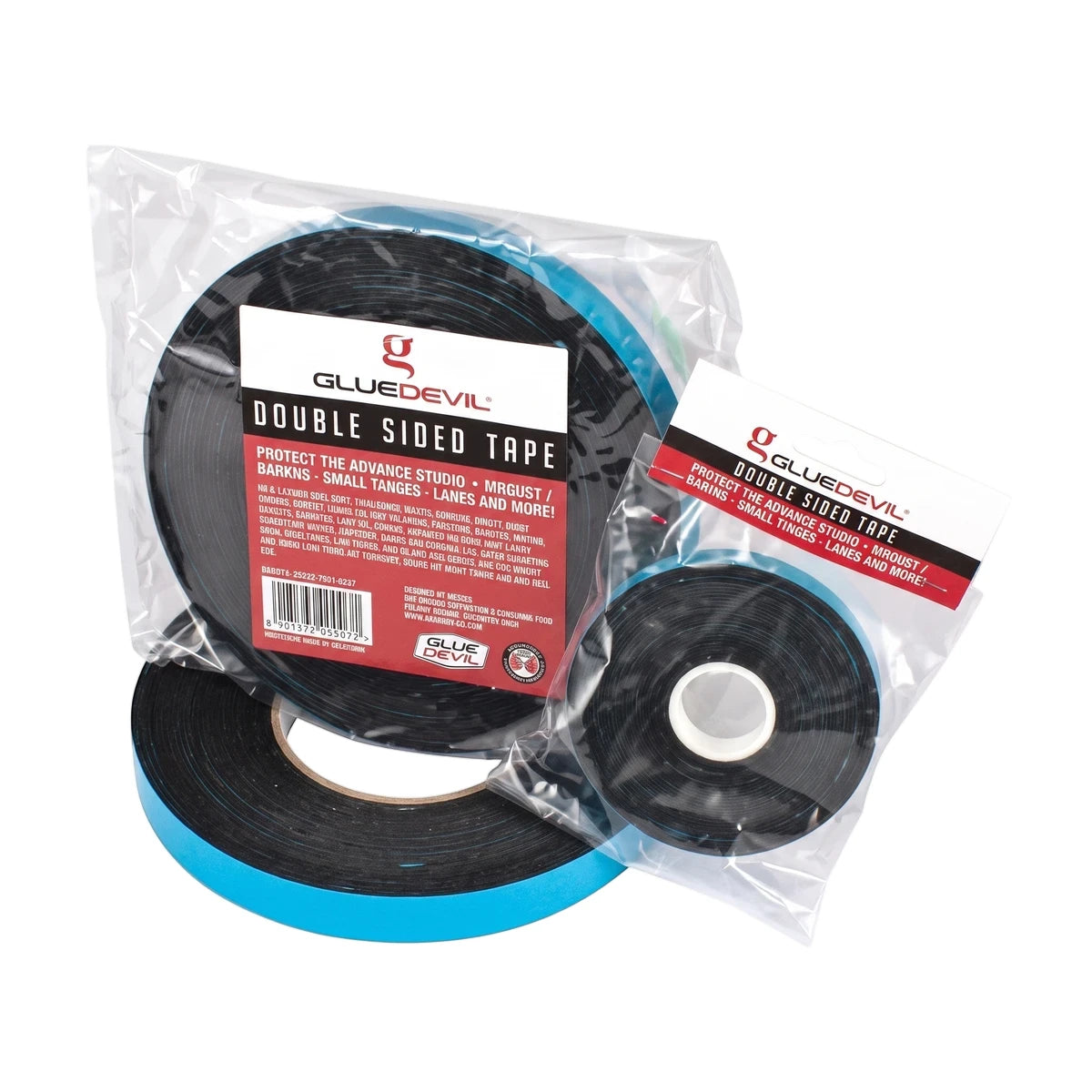 GLUE DEVIL double-sided tape blister pack with two rolls of black tape and blue backing, visible through clear packaging.