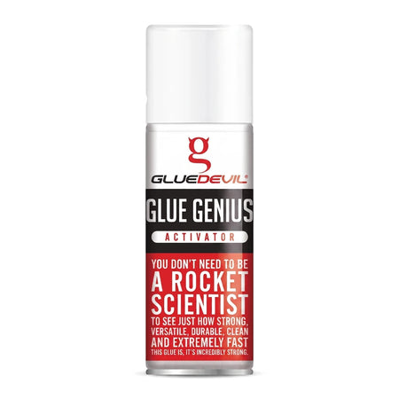 White and red Glue Devil Glue Genius Activator spray, 200ml, for strong, fast-acting adhesive projects.