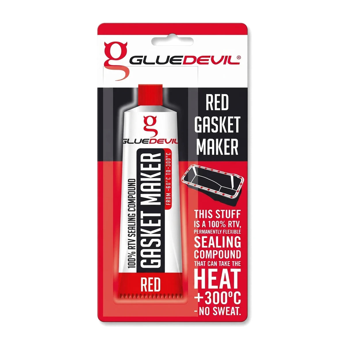 Glue Devil Red Gasket Maker 70ml in blister packaging, a red and white tube of RTV sealing compound for high temperatures.