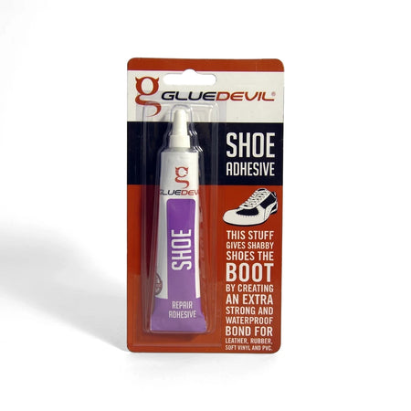 Glue Devil Shoe Adhesive 25ml in a white, red, and purple blister pack for shoe repairs.