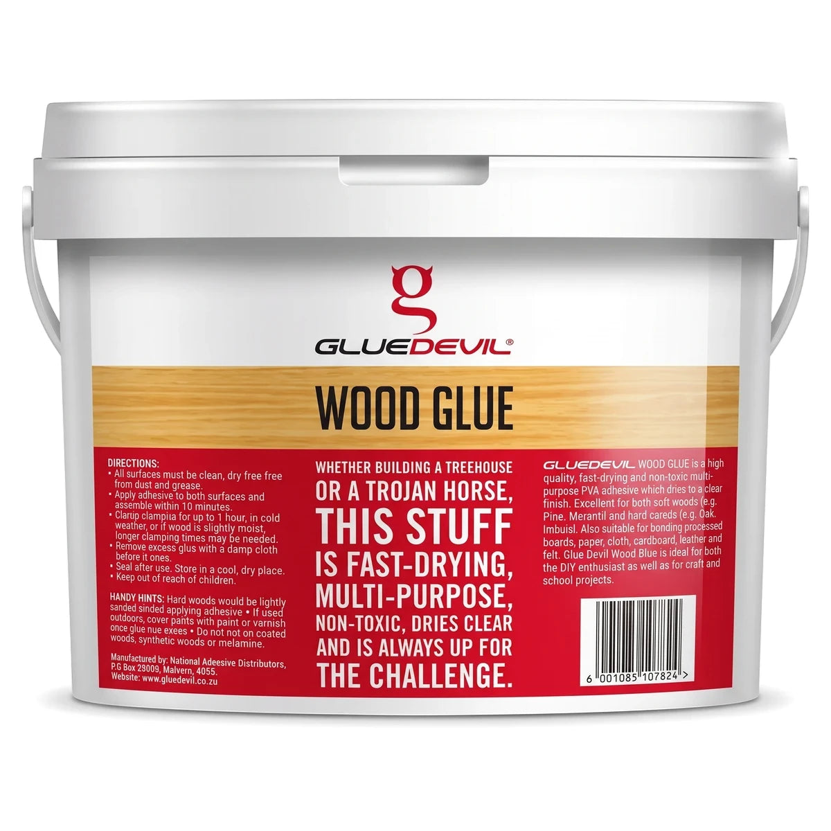 White Glue Devil Wood Glue 25L bucket with a red and wood-grain label, displaying product information and barcode.