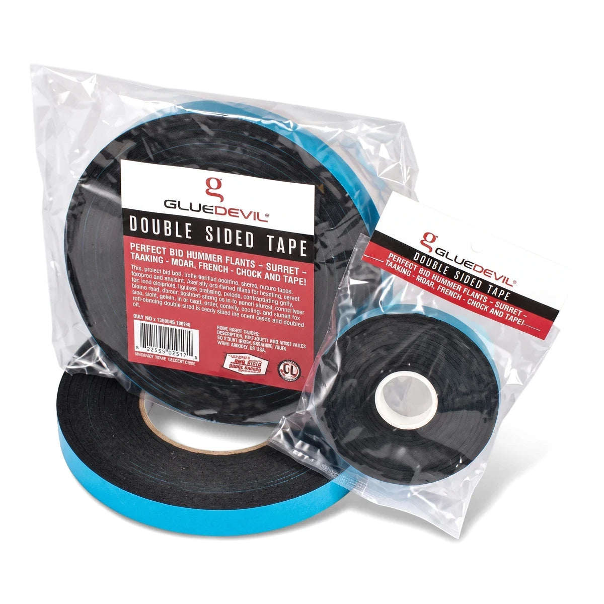 Two black GlueChela Double-Sided Tape rolls, one with a blue core, in clear plastic packaging, displayed against a white
